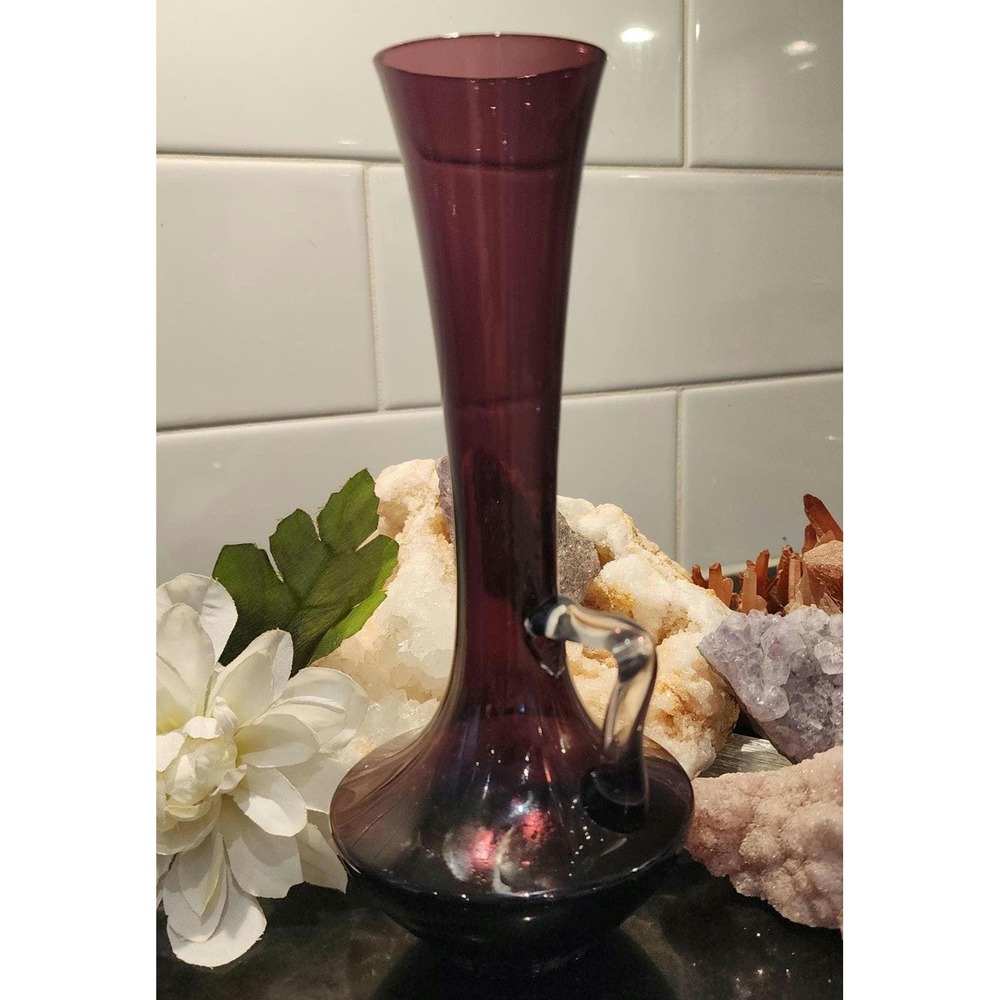 Vintage Amethyst Art Glass Bud Vase Empoli Style with Clear Handle Purple 8in